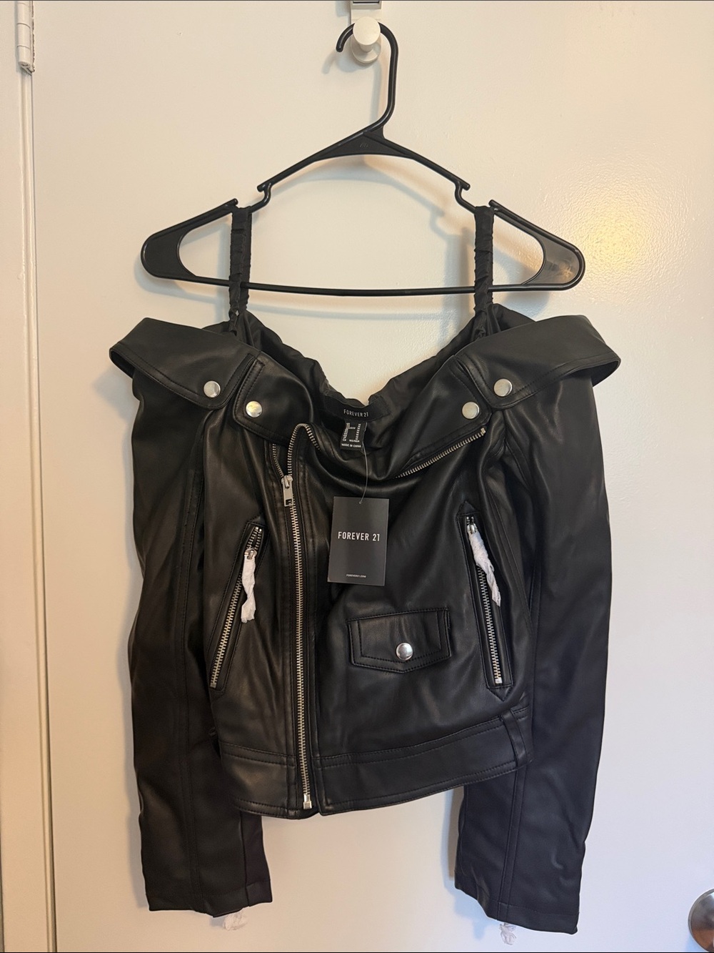 Forever 21 Black Off-Shoulder Faux Leather Moto Jacket